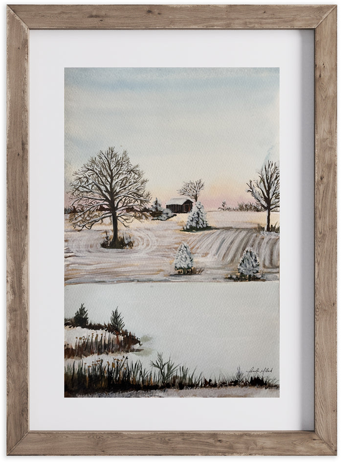 A giclee print of a Kentucky farm and pond after the first snow in a wood frame and white mat.