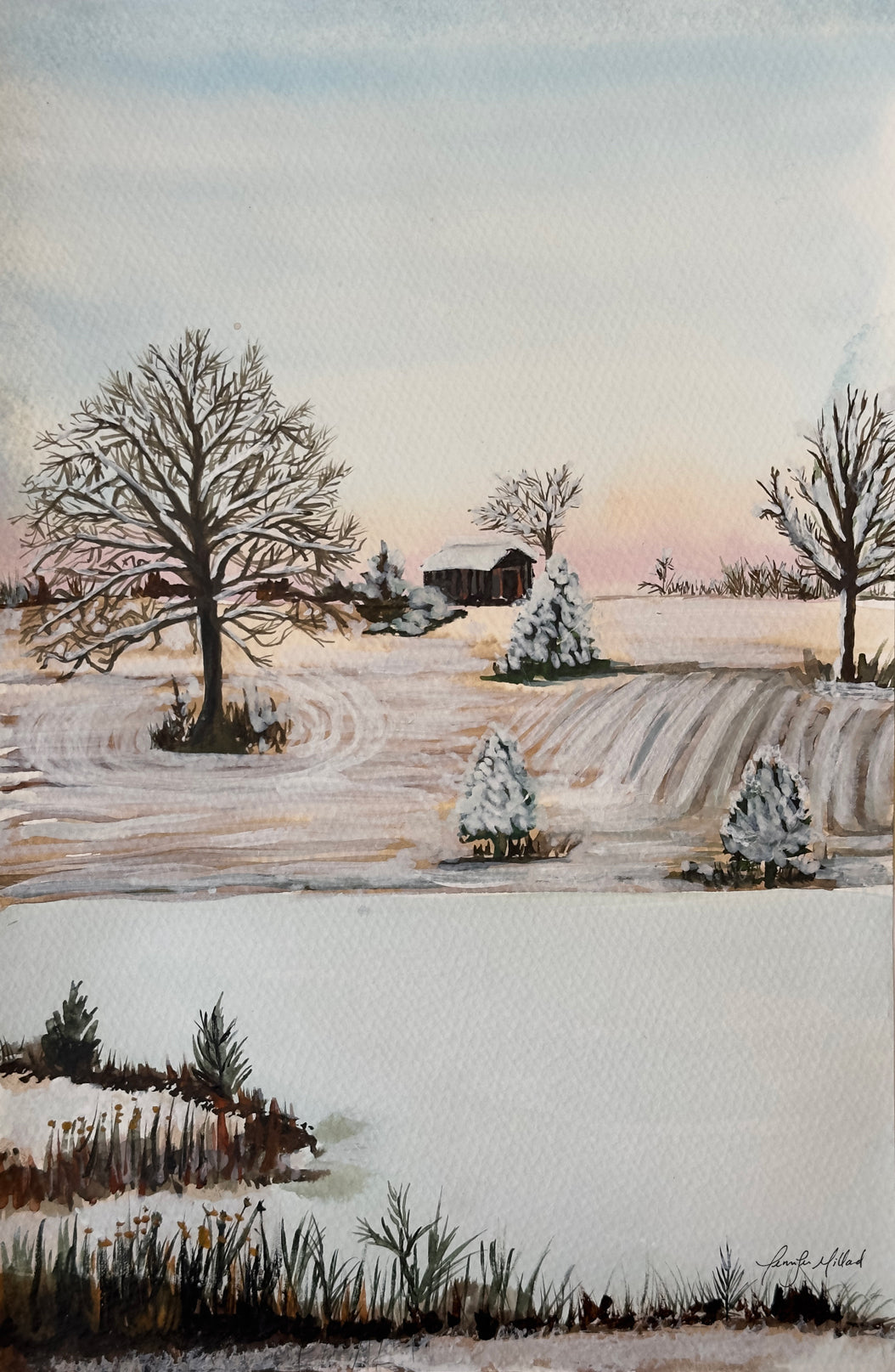 A giclee print of a pastel blue, pink and white watercolor of a farm in eastern Kentucky after the first light winter dusting of snow. 