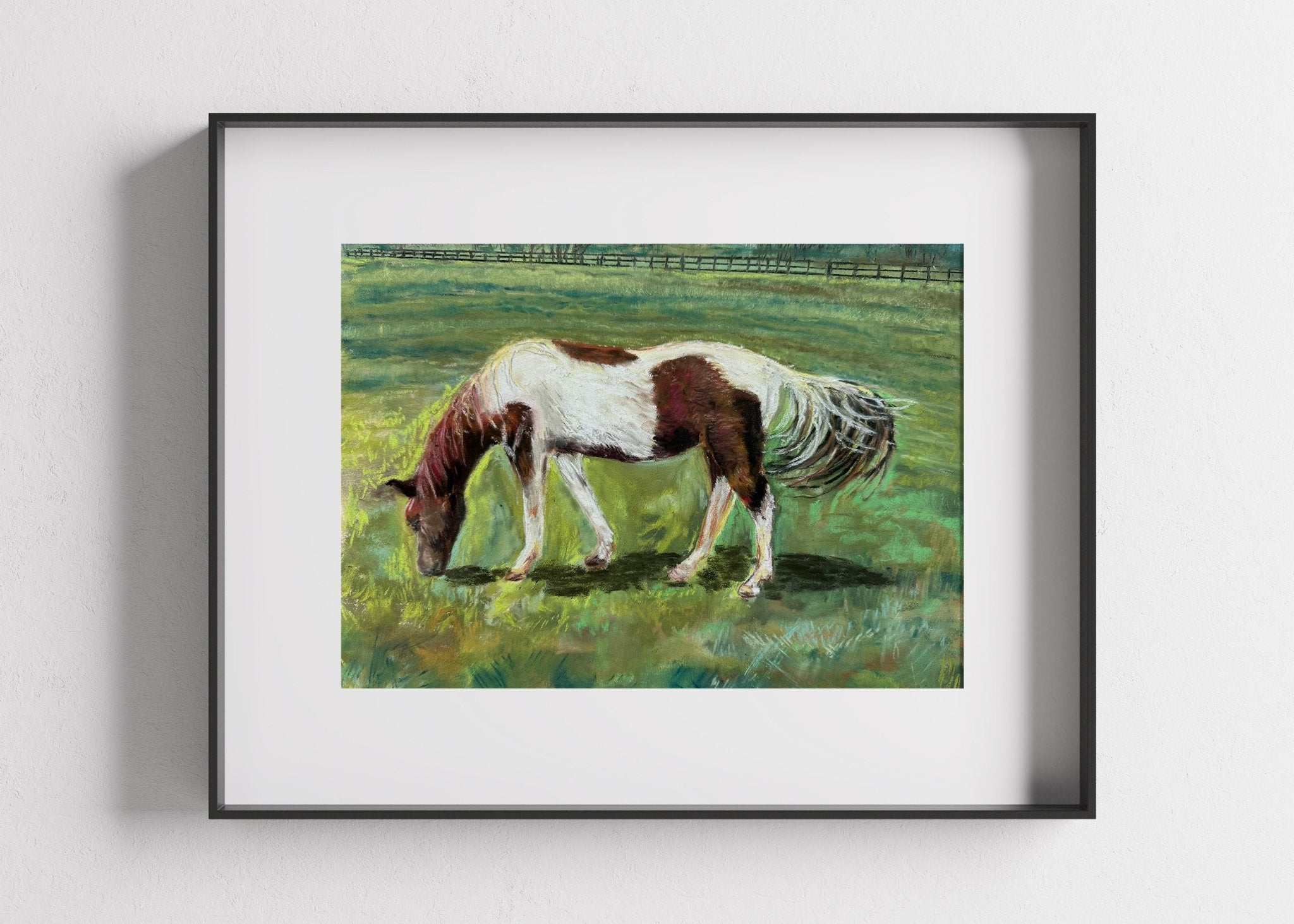 Fine art print of a spring horse in a white mat and black frame.