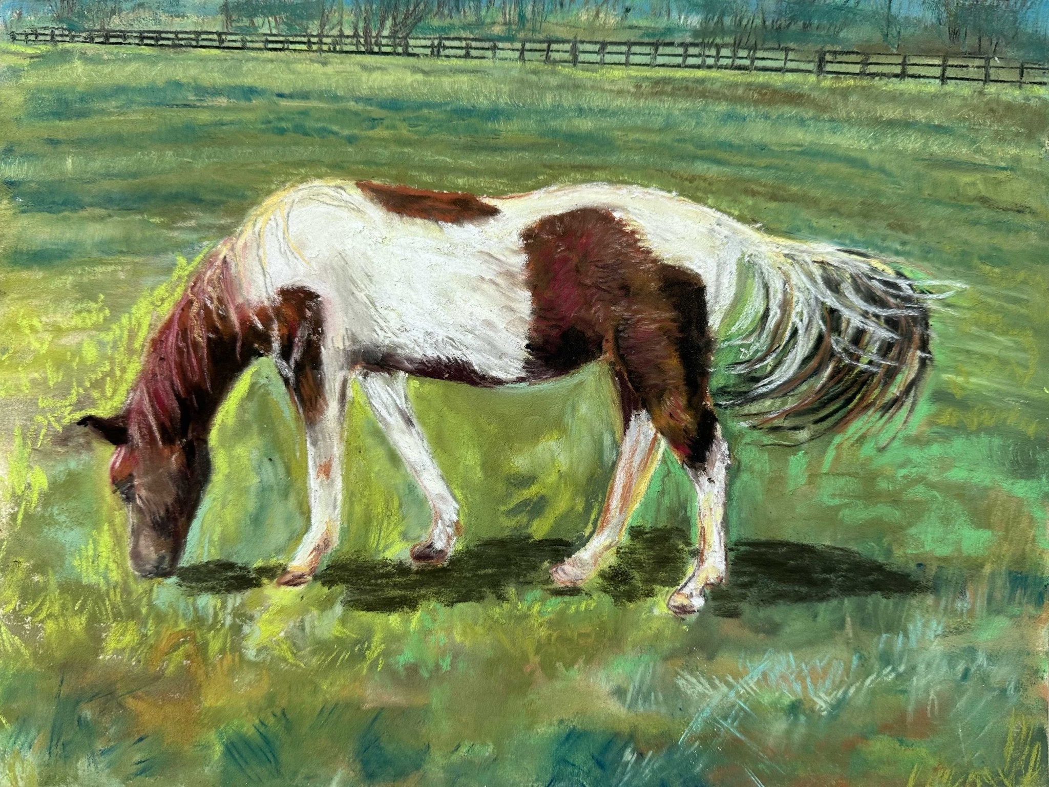 A giclee print of a soft pastel of a horse in the springtime by artist, Jennifer Millard.