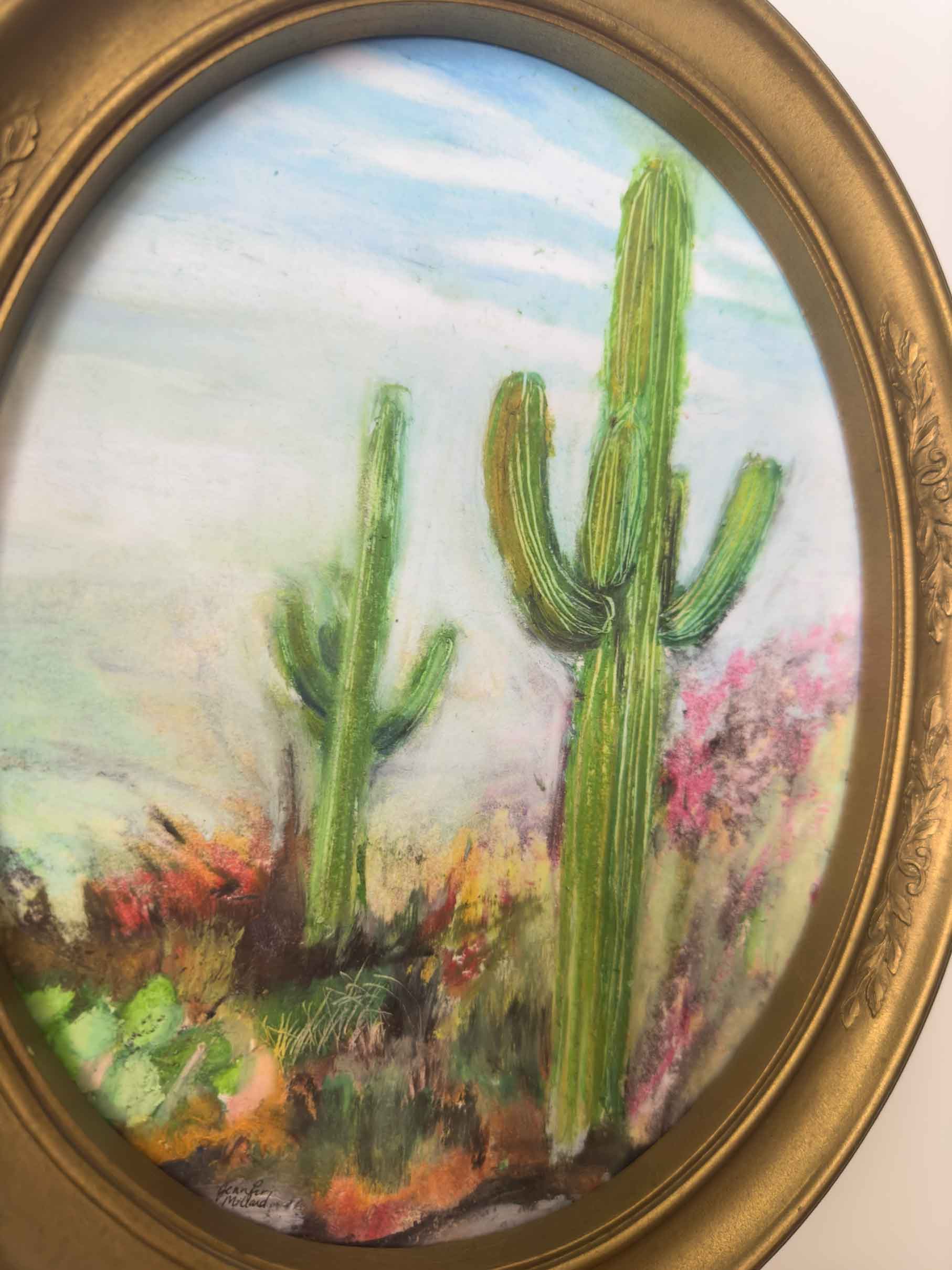 Vintage Oval Framed Desert Cactus - "The Hot Desert Blooms"