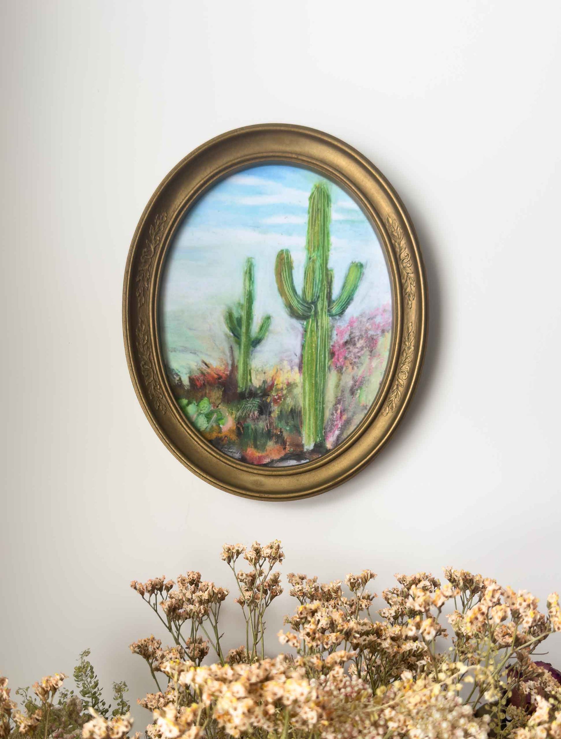 Vintage Oval Framed Desert Cactus - "The Hot Desert Blooms"