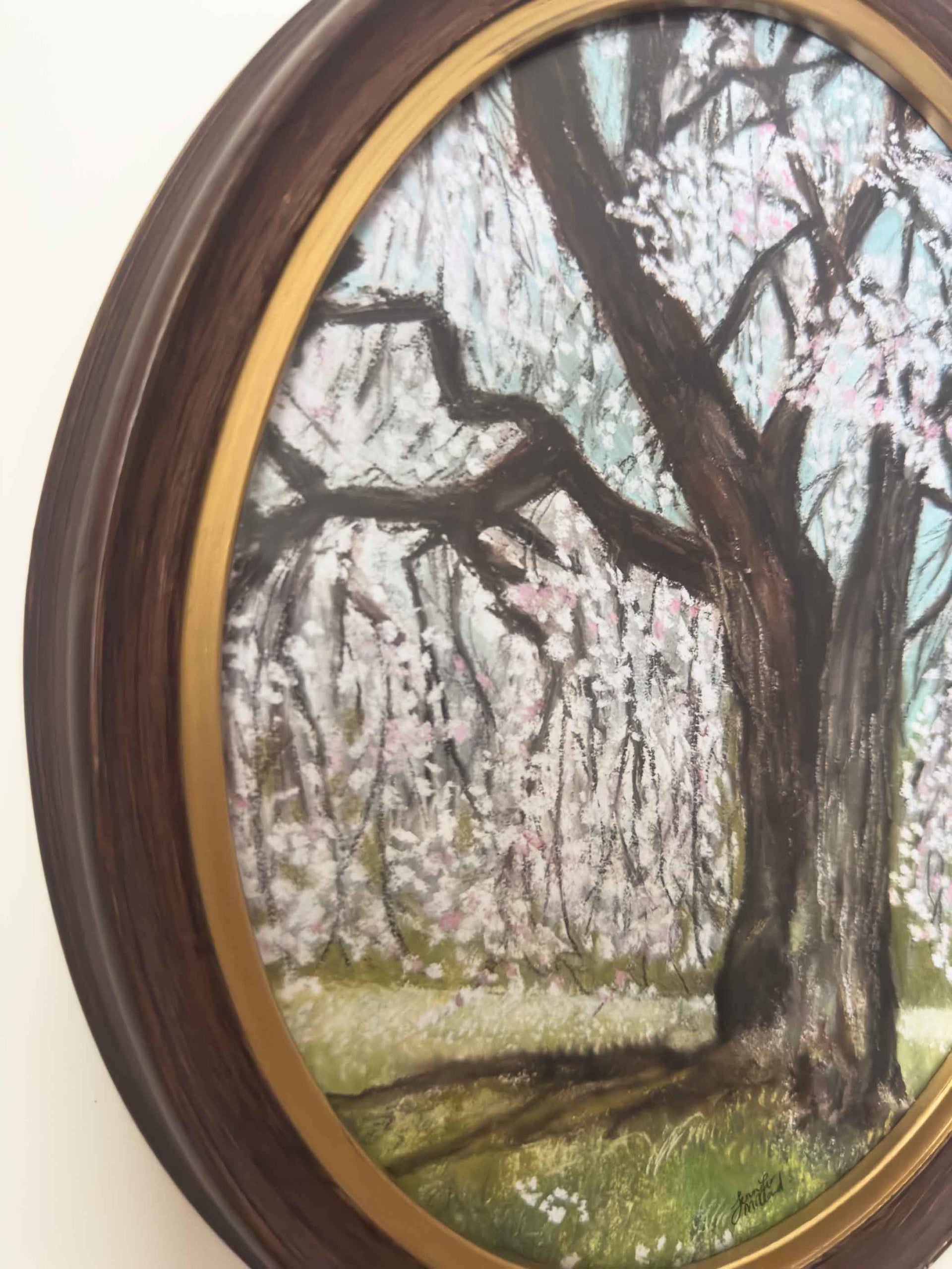 Vintage Oval Framed Dark Wood - Weeping Cherry Tree - "Cherry Blossoms"