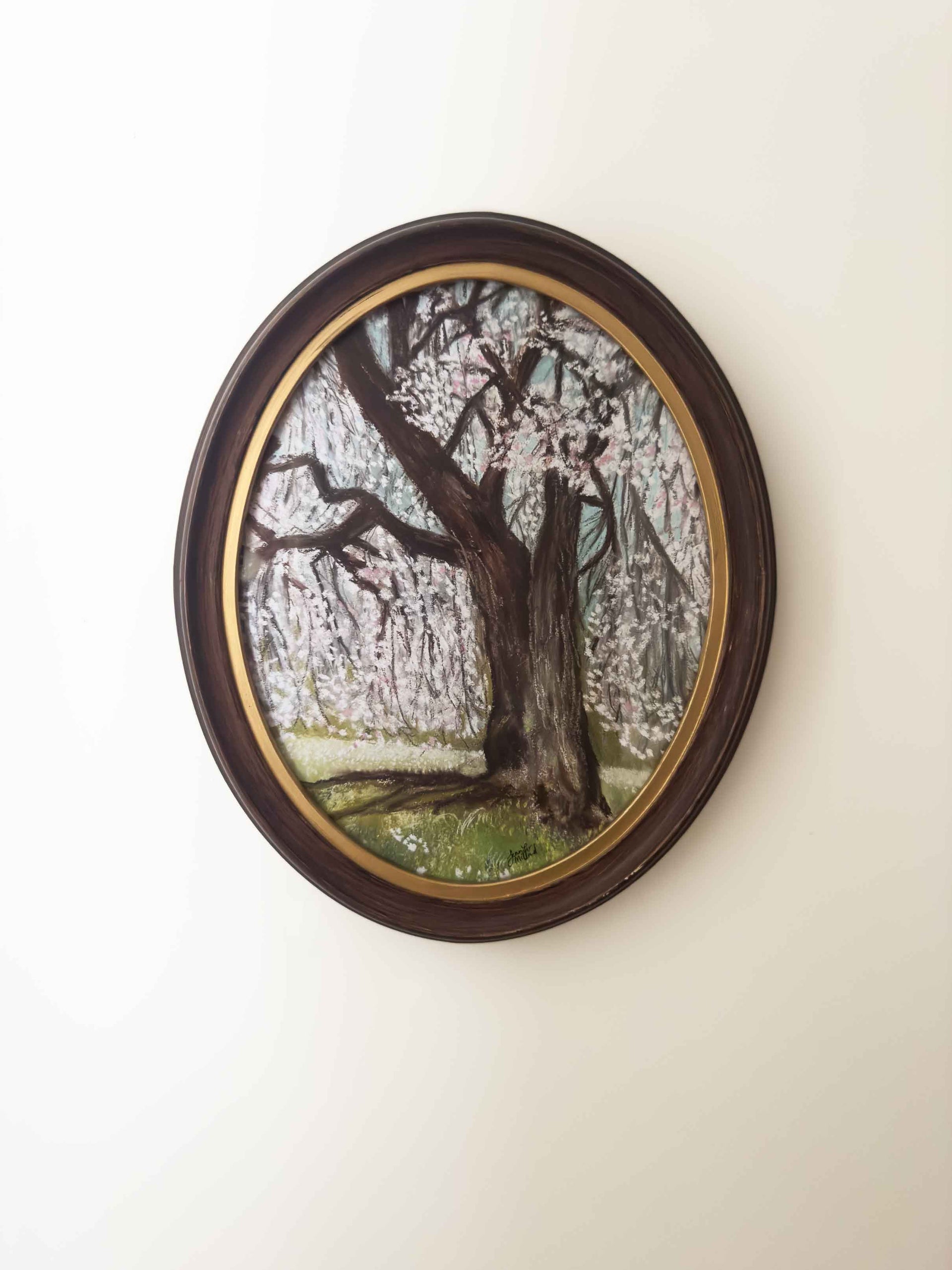 Vintage Oval Framed Dark Wood - Weeping Cherry Tree - "Cherry Blossoms"