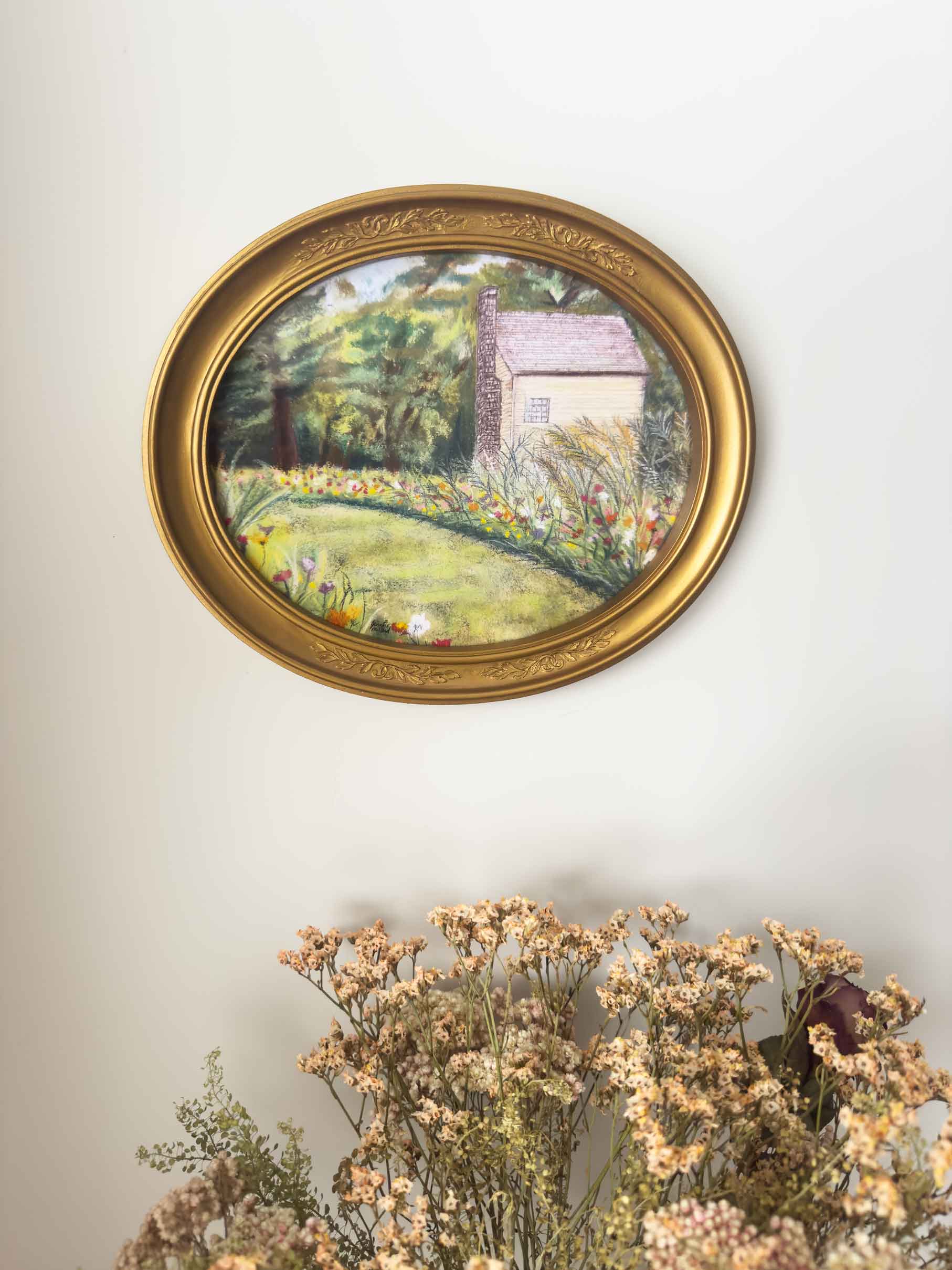 Vintage Gold Oval Framed "Shaker Village Flower Garden" Print